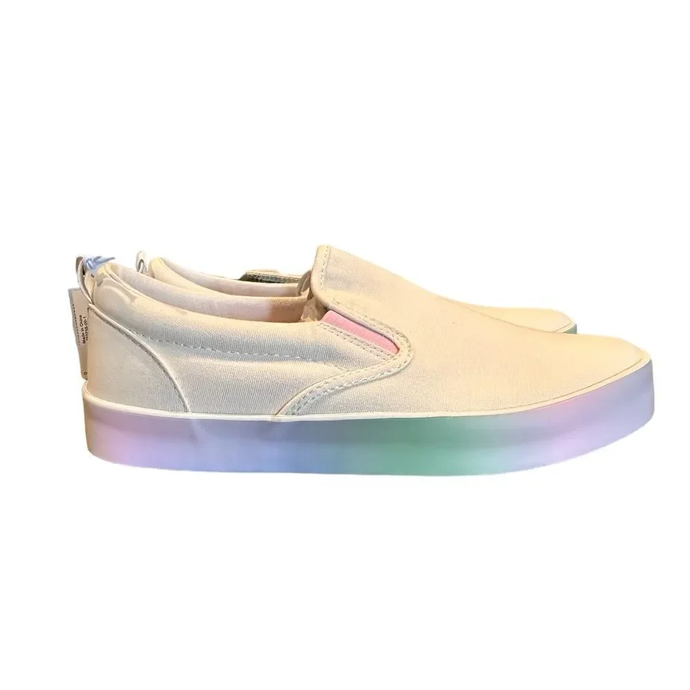 NWT Girls White Slip On Shoes trimmed in pink and green Loafers School- Size 5